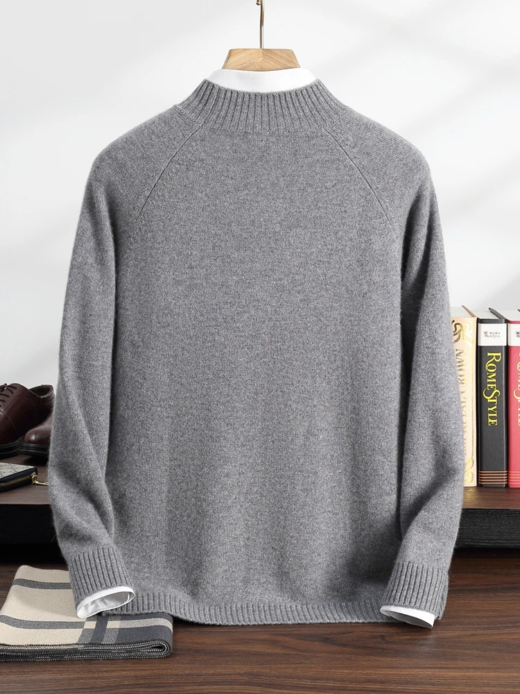 Autumn Winter New 100% Cashmere Sweater Men's Half High Collar Pullover Casual Knitted Solid Color Thick Bottom Sweater Menswear