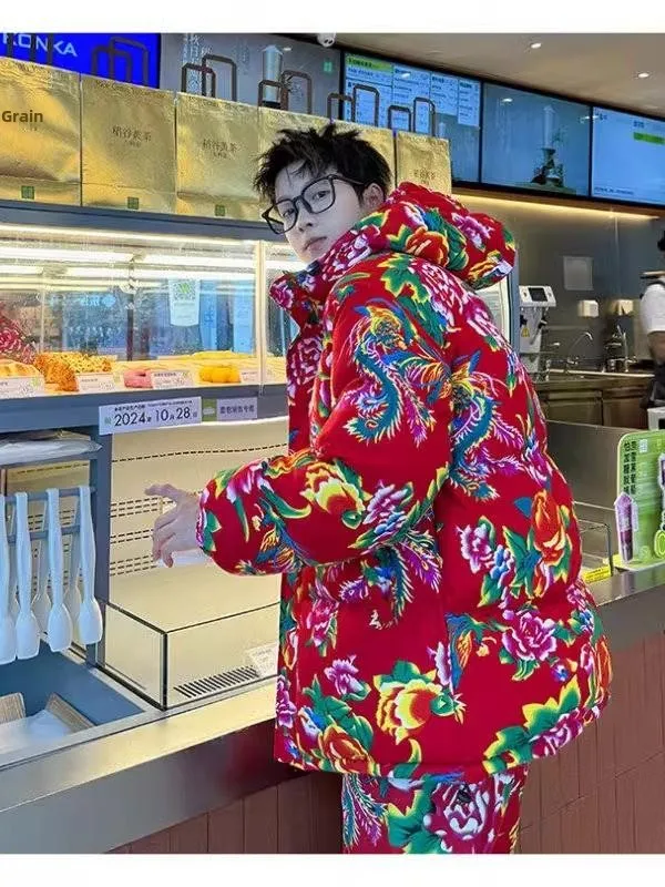 

Trendy Winter Cotton Jaet Large Flower Print ex Bread Sle Retro Thi Outerwear Youth Casual Long Sve Warm Coat