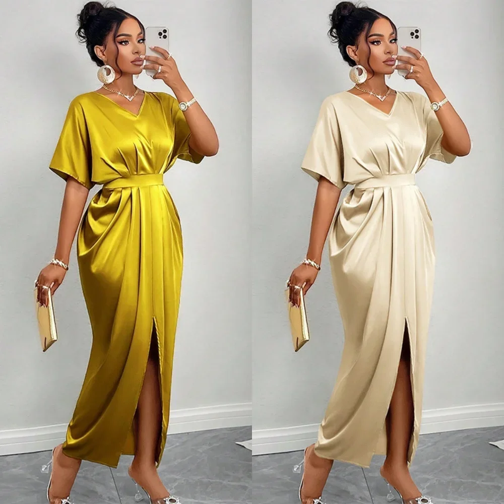 Vestido feminino 2025 primavera estilo temperamento elegante decote em v manga curta cintura alta passo split vestido saia longa bodycon vestido