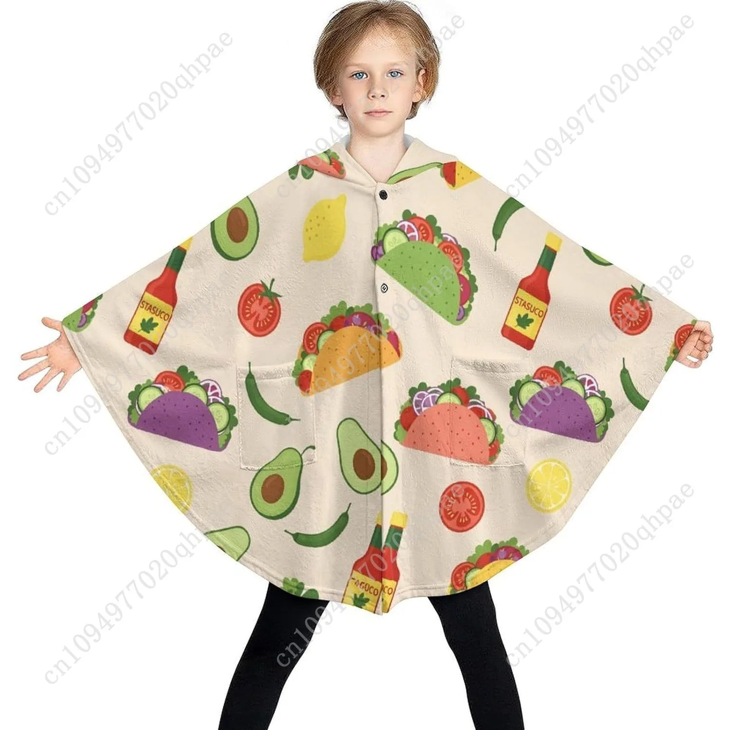 سترة بطانية مريحة من الفلانيل، نمط تاكو مع مكونات، هوديي كبير الحجم مع جيوب للأطفال والمراهقين #3