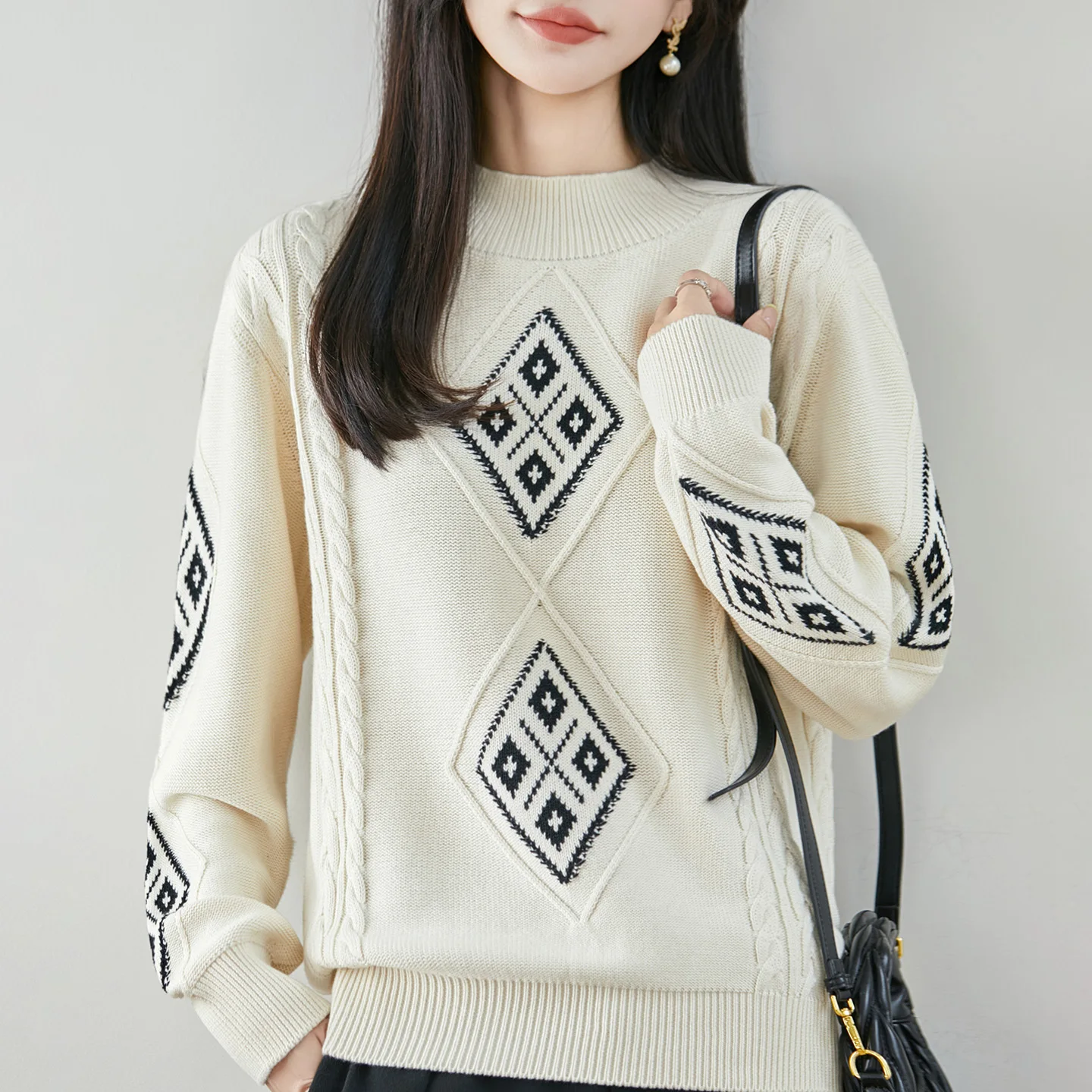 Autumn and winter new 100% cotton women's knitted sweater casual jacquard half high neck pullover loose and fashionable hot sell