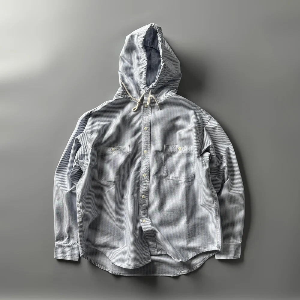 

Свободная рубашка из оксфордской ткани с синими полосками, длинными рукавами и капюшоном, в японском стиле, повседневная, износостойкая, P2228, для ежедневного использования, размер M, топ