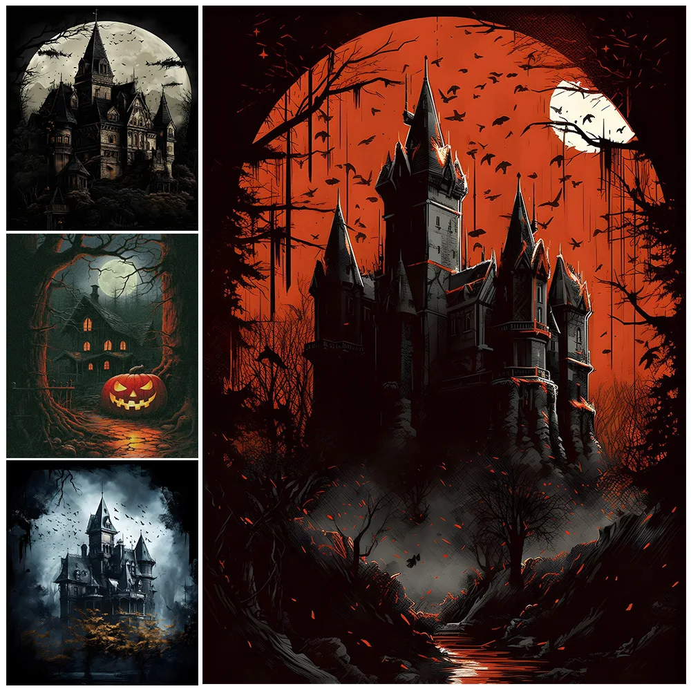 Dracula Castle And Witch House Vintage Wall Art Canvas Painting Mysterious Dark Haunted House Gothic Art Poster Print Home Decor
