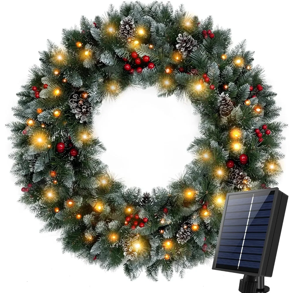 Solar Wreath with 250 LED Lights, 48 inch Large Christmas Wreath with Solar Lights 8 Mode