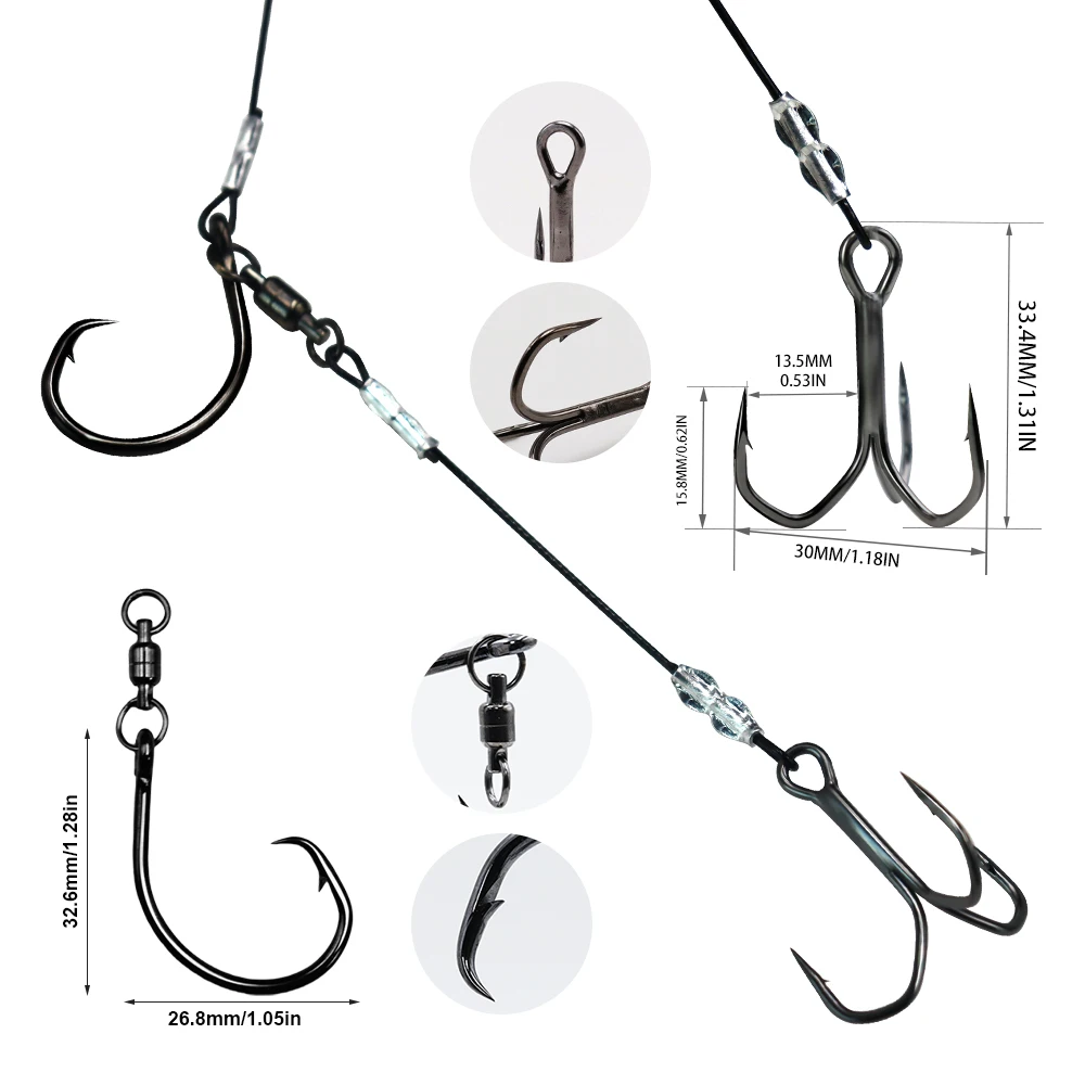 ZYZHE 1/3/5 Stück Stinger Rigs Lebendköder-Rigs mit hochfestem 49-Strang-Stahldraht-Kreishaken für Tiefsee-Angeln – Detail 2
