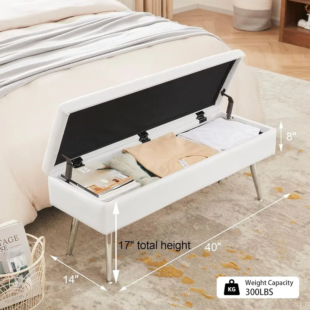 Weiße Ottomane-Bank für 40-Schlafzimmer mit getuftetem PU-Leder und Metallbeinen