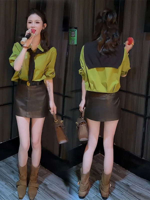 Korean Style Gentle Wind PU Leather Long Sleeve Shirt And Skirt Set Women's Fashionable Versatile Three-Piece Suit for Autumn