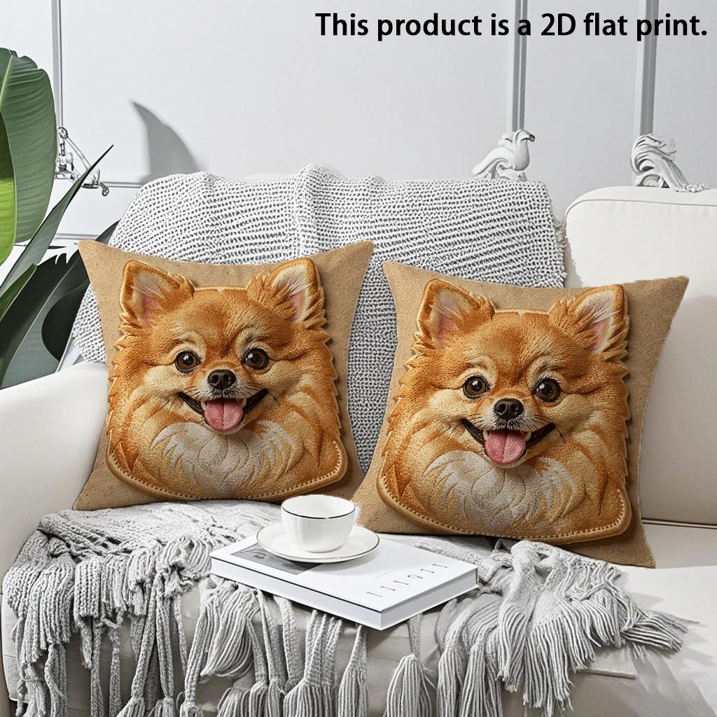 2pcs Cute Pomeranian Dog Face 2D Print Linen Throw Pillow Cover,Decorative Square Cushion Case for Sofa Bedroom Living Room