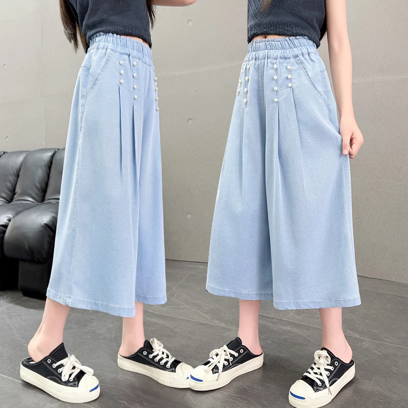 

Lightweight Kids Summer Loose Straight 7/8 Length Jeans with Pearl for Teen Girls New Fashion Capris Denim Pants Short Trousers