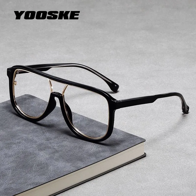 YOOSKE Retro อินเทรนด์กรอบแว่นตาสีดํากรอบแว่นตาผู้ชายแฟชั่น Double Beam กรอบแว่นตาขนาดใหญ่แว่นตา