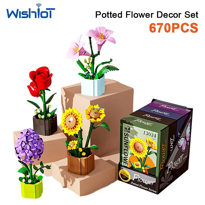

MJ13034 Flower Building Blocks Potted Plant Rose Sunflower DIY Artificial Bouquet Desktop Decor Educational Toys For Children