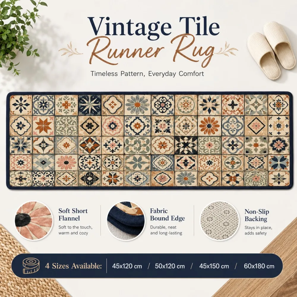 

ESRBSO Vintage Tile Runner Rug, Mediterranean Boho Floral Short Flannel Kitchen Mat, Hallway Floor Carpet Decor, 45x120-60x180cm