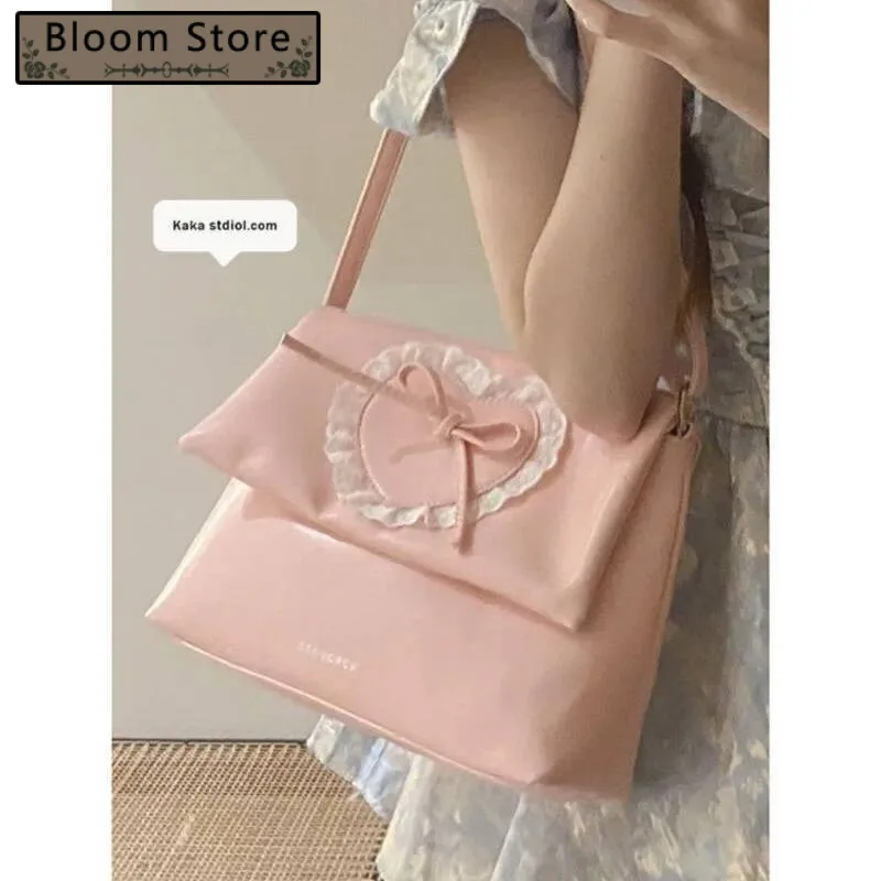 

Bloom Haruku Pink Underarm Women 2024 New Trendy Lace Chic Bow Messenger Bag Female Large Capacity Shoulder Bags Handbag