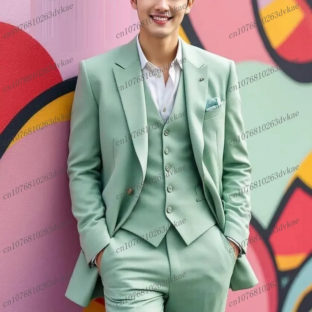 

Mint Green Men Suit Groom Groomsman Wedding Party Prom Business Formal Occasion Male Tuxedos 3 Piece Set Jacket Vest Pants