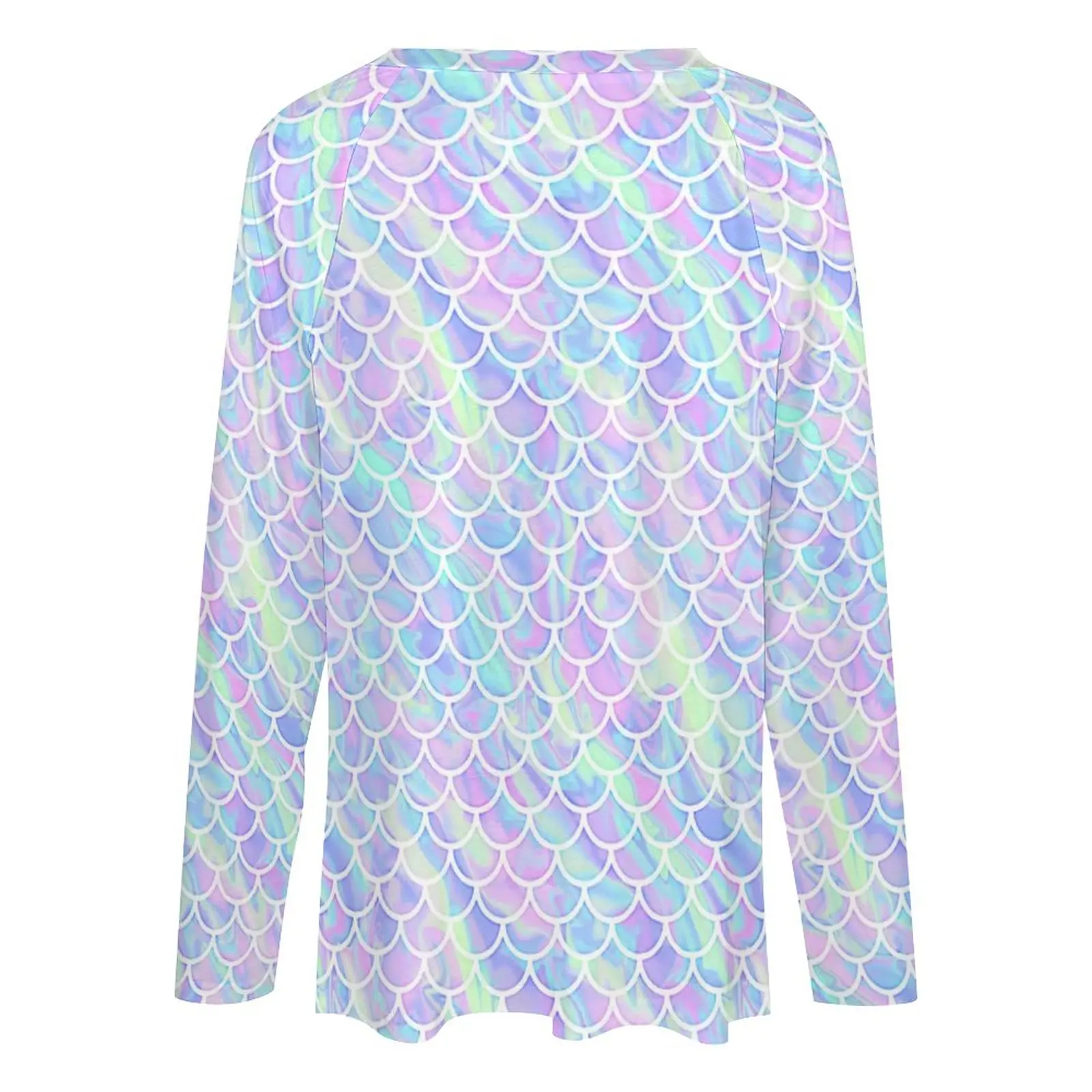 Mermaid Scales Print T-Shirts Marbled Rainbow Modern T Shirt Female Long Sleeve Korean Fashion Tops Oversize V Neck Fashion Tees