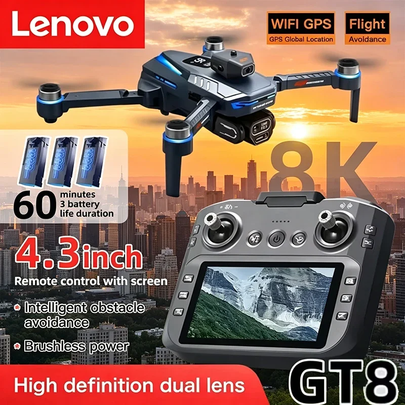 

Lenovo GT8 8K Professional Drone with Dual Camera GPS FPV Brushless Motor Optical Flow 4K RC Quadcopter Toy for Adults