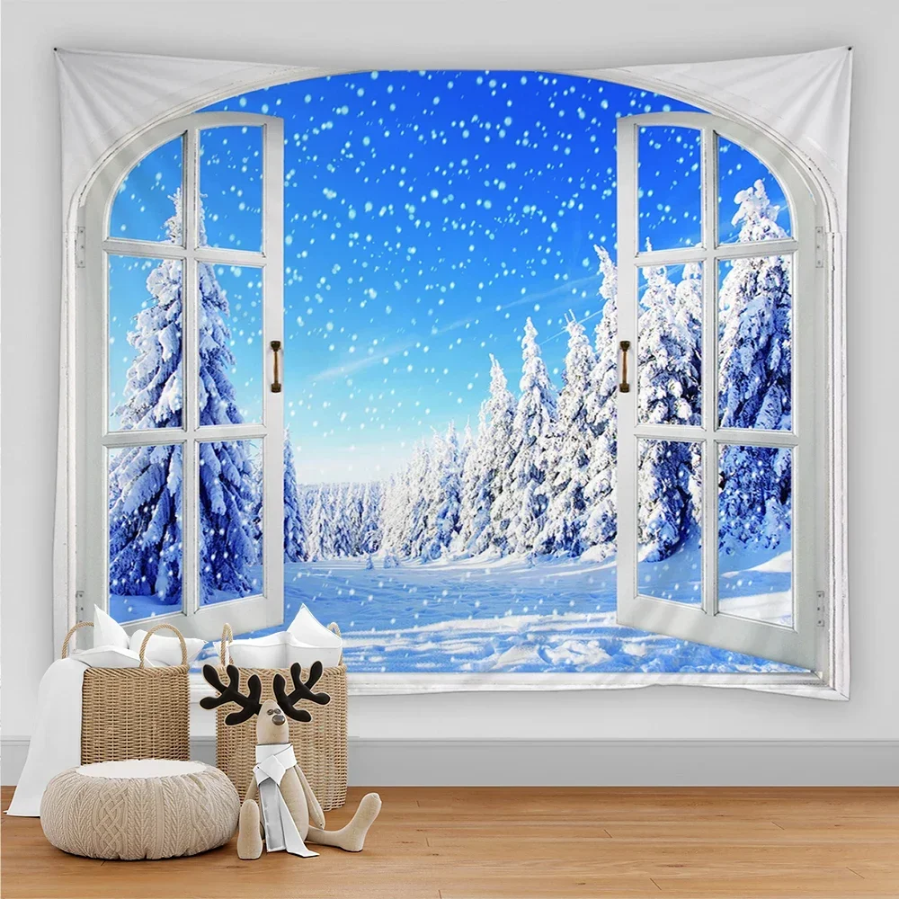 Charming white snow landscape decorative tapestry snow tree forest winter landscape wall hanging Bedroom Living Room home decor