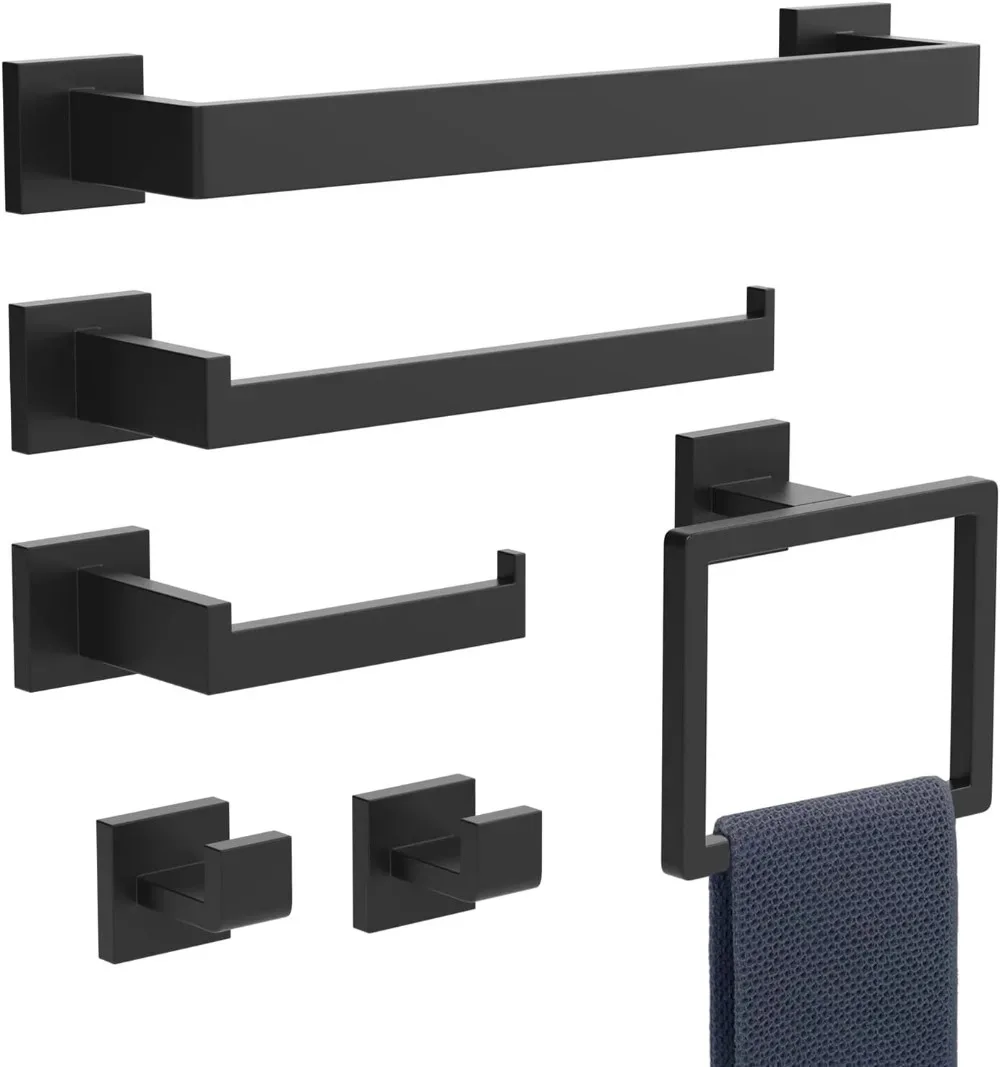 

6-Piece Matte Black Bathroom Hardware Set, Heavy Duty Bath Towel Bar Set Including - 16" Towel Rack - Toilet Paper Holder