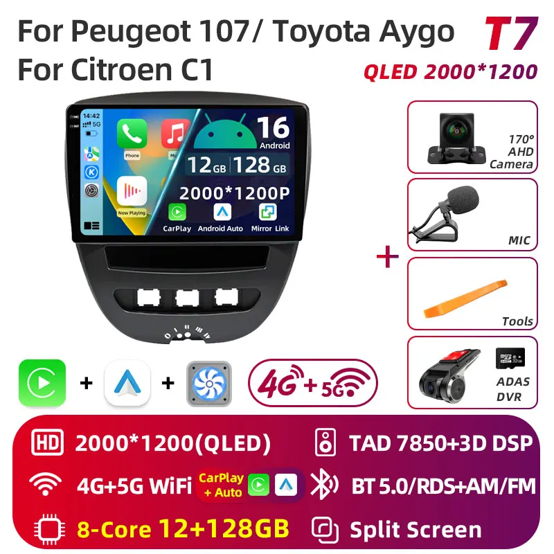 Android 16 2 Din Auto Multimedia Speler Voor Peugeot 107 Toyota Aygo Citroen C1 2005-2014 Head Unit Stereo GPS navigatie BT WIFI - afbeelding 1