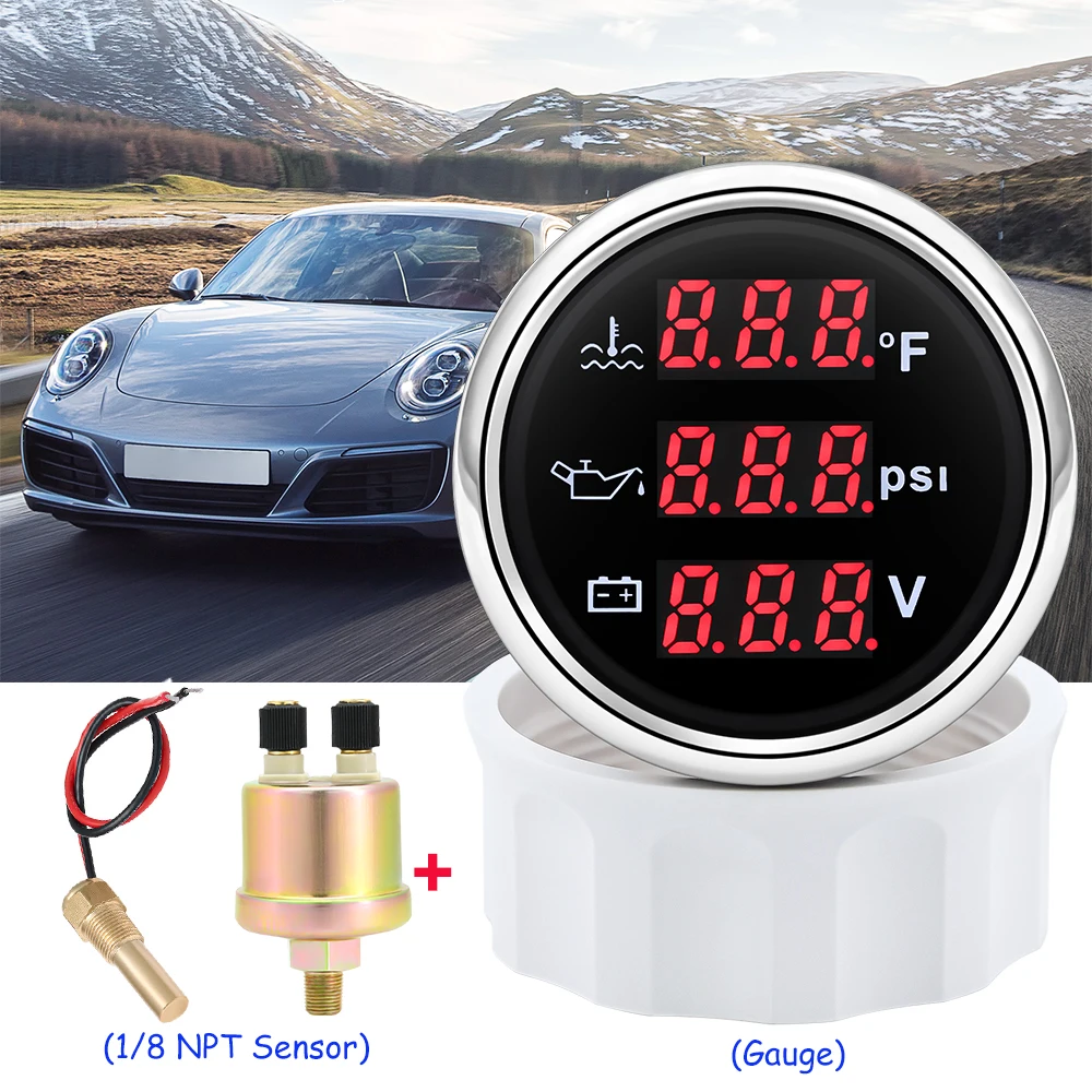 3-in-1 Digital Car Volt Meter Digital LED Water Temp/Oil Pressure/Voltage with 1/8NPT 0-10 Bar Oil Press SENSOR Detector DC9~32V