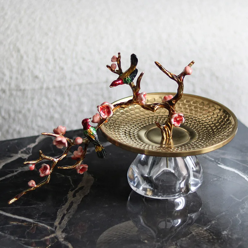 Circular Metal trays, Plum Blossom Branch Stainless Steel Tray, dish，Hammer Crystal Base, Organizer of Small Accessories
