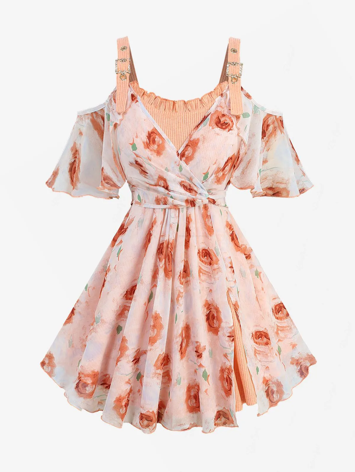 

ROSEGALPlus Size Rose Flower Printed Surplice Ruffles Split Tulip Hem 2 In 1 Cold Shoulder Tank Top