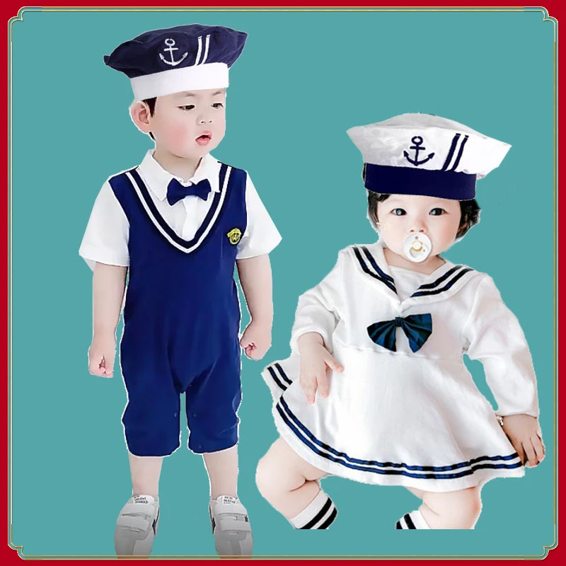 Newborn Photography Romper for Baby Birthday Dress Girl Navy Sailor Baby Clothes for Twins Boy and Girl Jumpsuit Oneies Bodysuit