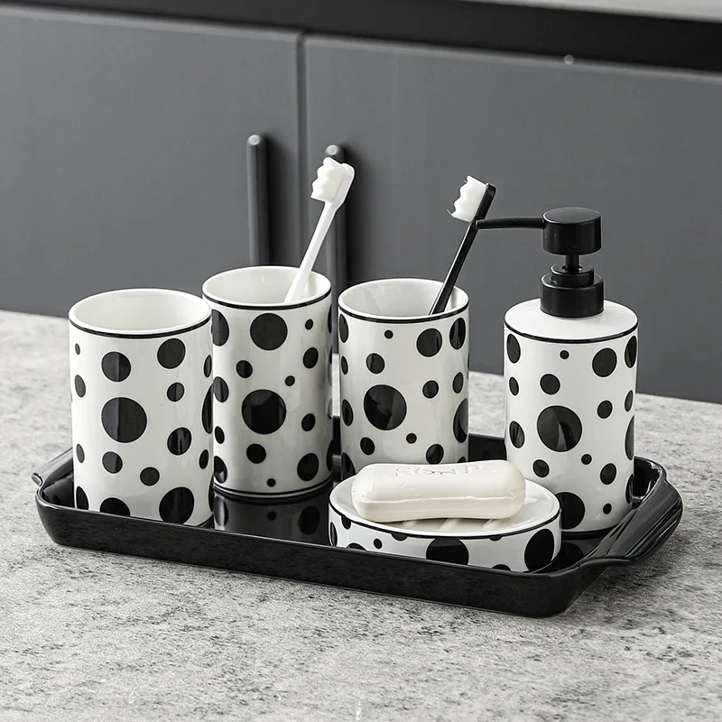 French Black-and-white Polka-dot Ceramic Bathroom Kit Emulsion Bottle Gargle Cup Bathroom Countertops Soap Dishes Home Items