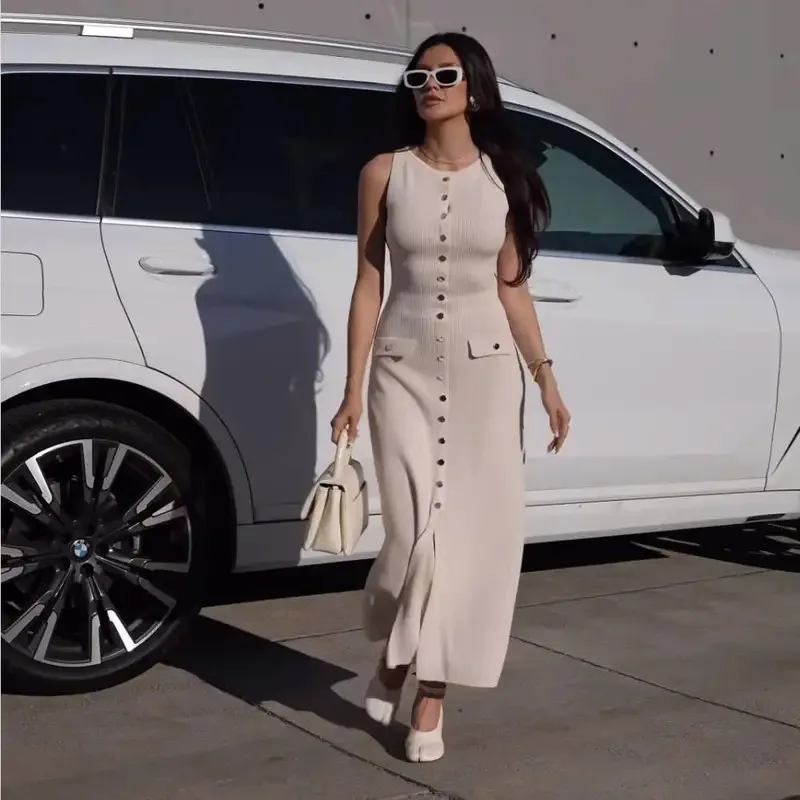 Bonny Abito lungo aderente lavorato a maglia estivo senza maniche o collo da ufficio elegante con tasche finte