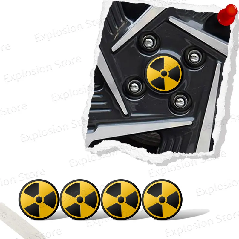 4Pcs 56mm Nuclear Radiation Warning Logo Car Tyre Wheel Center Hub Cap Emblem Decal Badge Stickers Accessories