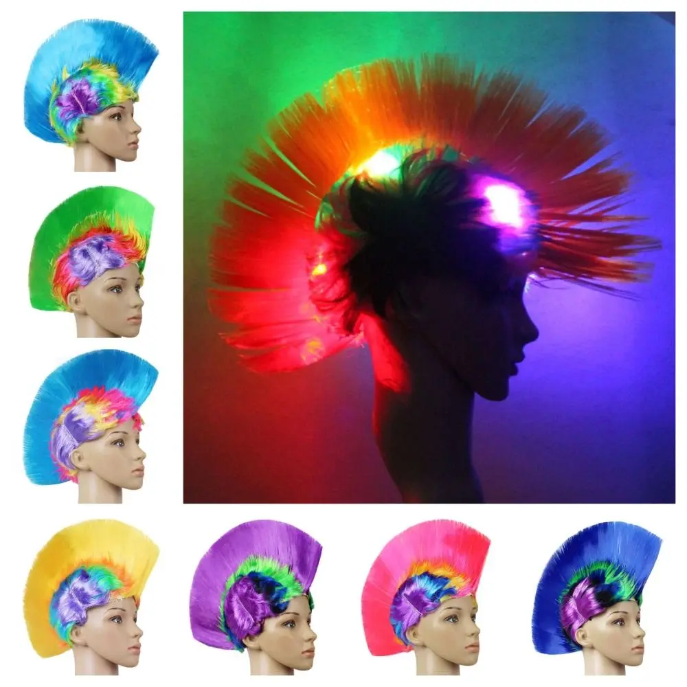 Clown Fans LED Funny Cockscomb Colored Luminous Mohawk Wig Disco Fluffy Rainbow Punk Wig Night Party