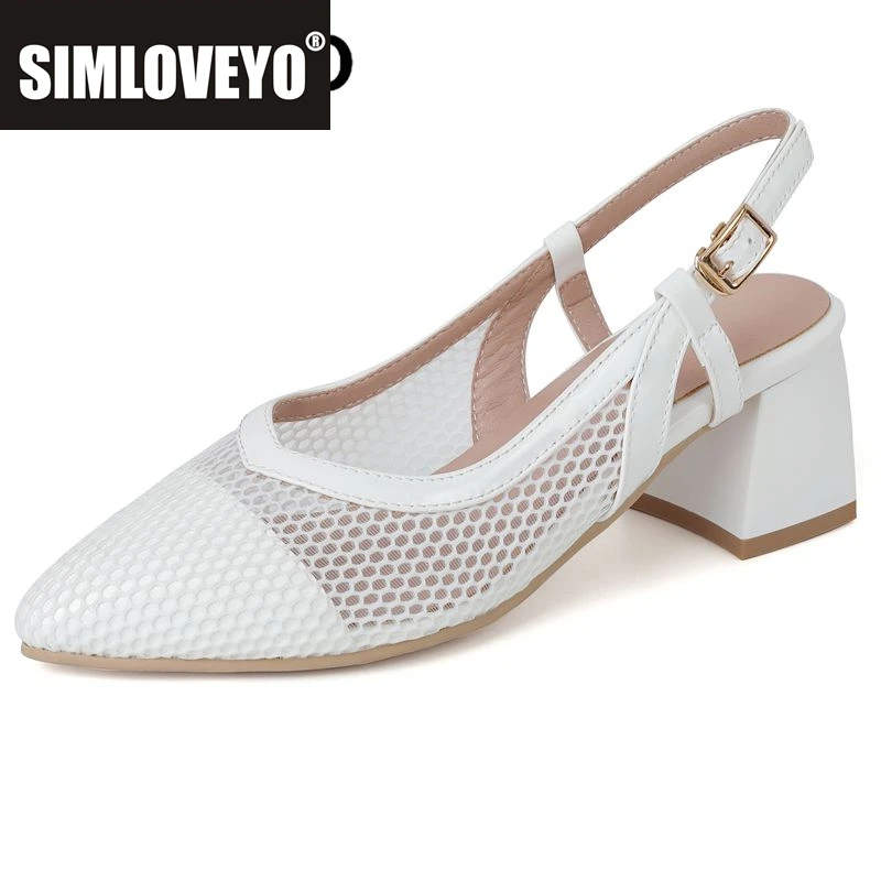 

SIMLOVEYO 2025 г. Женские сандалии с острым носком на массивном каблуке 5,5 см с пряжкой и ремешком, летняя обувь из смешанной дышащей сетки, большие размеры 41 42 43