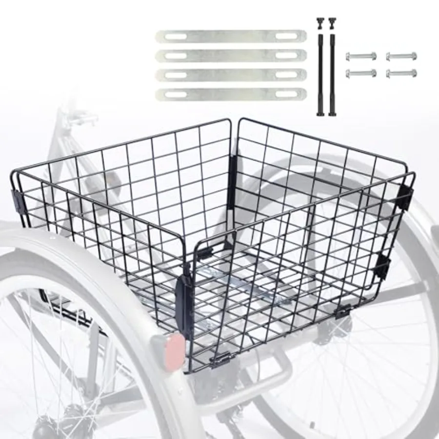 

Tricycle Rear Basket Folding Large Capacity Baskets Steel Basket for 20 24 26 Inch Tricycles Trike Black