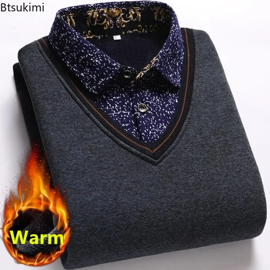 2024 autunno inverno uomo falso due maglione lavorato a maglia moda peluche addensato ricamato colletto della camicia Pullover maschile solido caldo top
