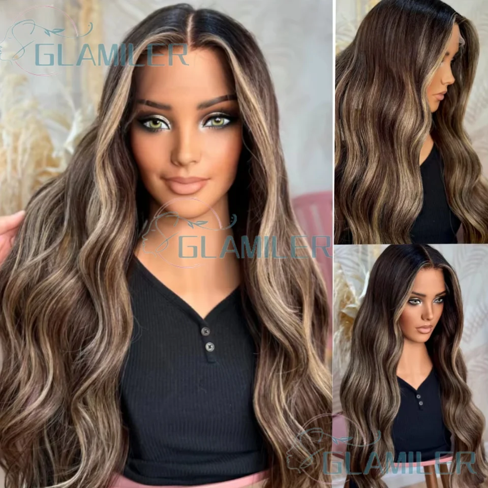 

Balayage Highlight Brown Blonde Natural Wavy Long Human Hair 13x6/Full Lace Wigs Pre Plucked Remy Brazilian 5x5 Silk Top Wigs