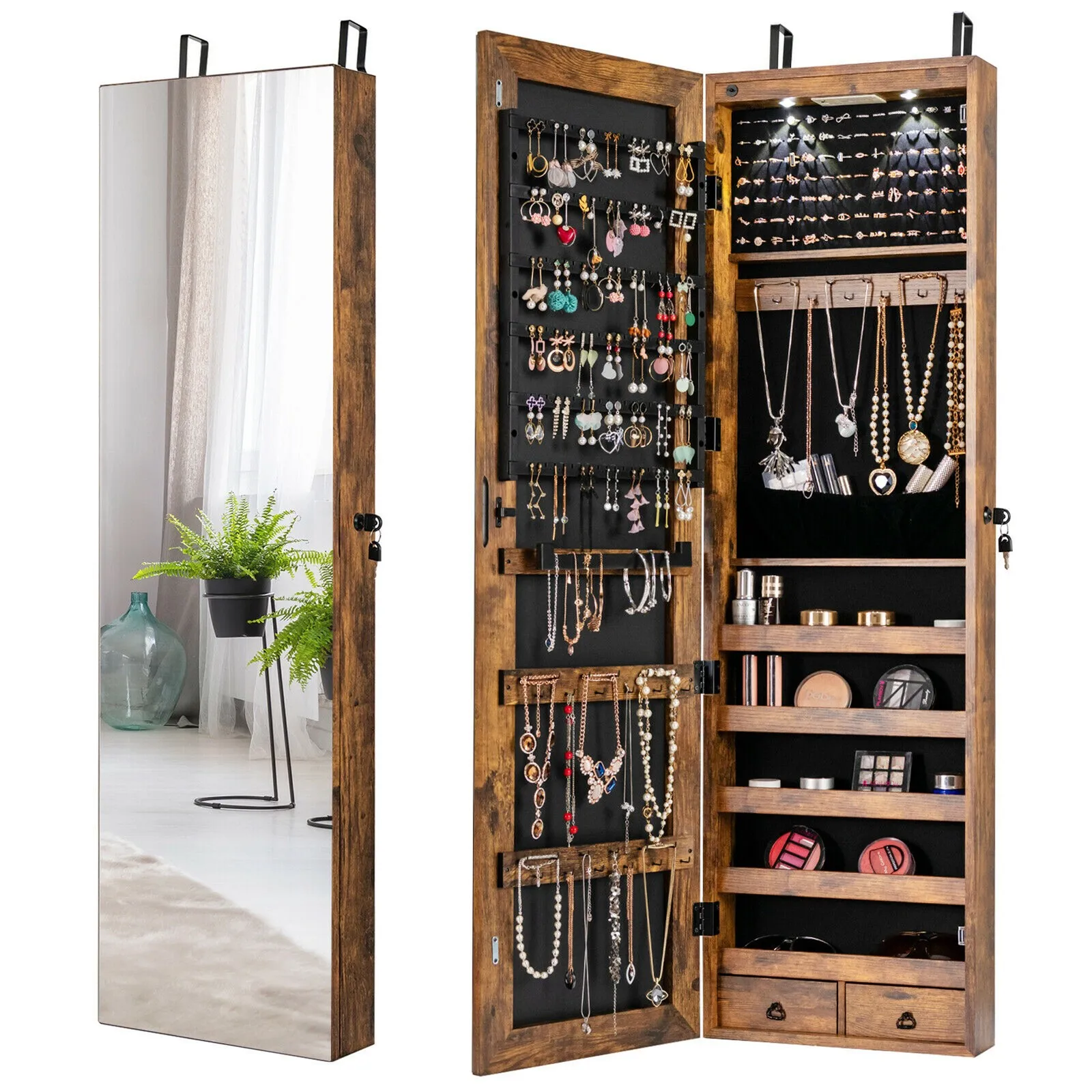 Mirrored Wall & Door Mounted Jewelry Storage Cabinet Organizer W/ Lights &