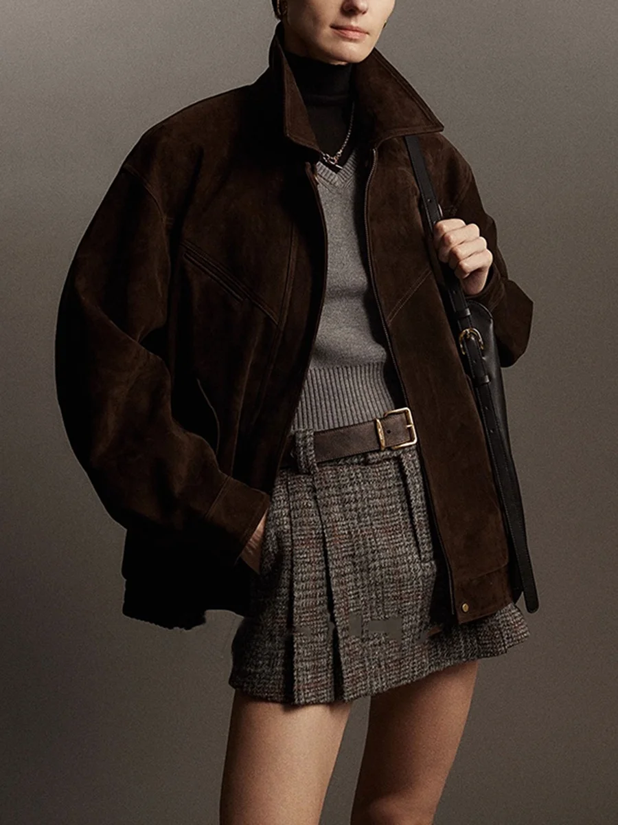 Rétro moderne ample singe daim Jaet femmes Anti-eep velours vêtements d'extérieur printemps 2025 Faion dames ort manteau fermeture à glissière