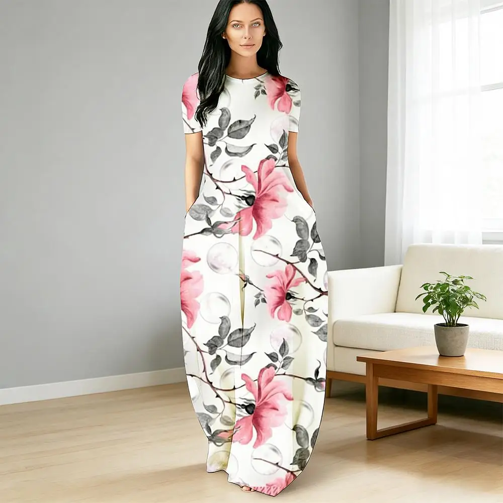 

Bohemian-style Temperament Pocket Dress Elegant Retro-print Short-sleeved Maxi Dress Fashion Vacation Casual Women's Clothing