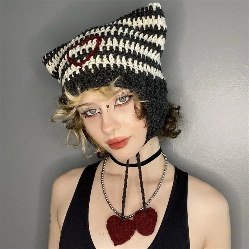 Hot Sale Punk Cat Bonnets Hats for Women Winter Warm Cat Ear Cap Grunge Goth Beanies Crochet Beanie Outdoor Activities