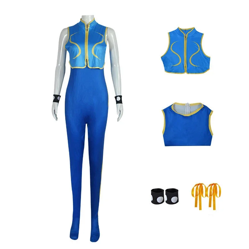 Games Chun Li Cosplay Costume Blue Bodysuit Battle Game Bodysuits Women Girls Chun-Li Suit with Bracelet and Hair Ties