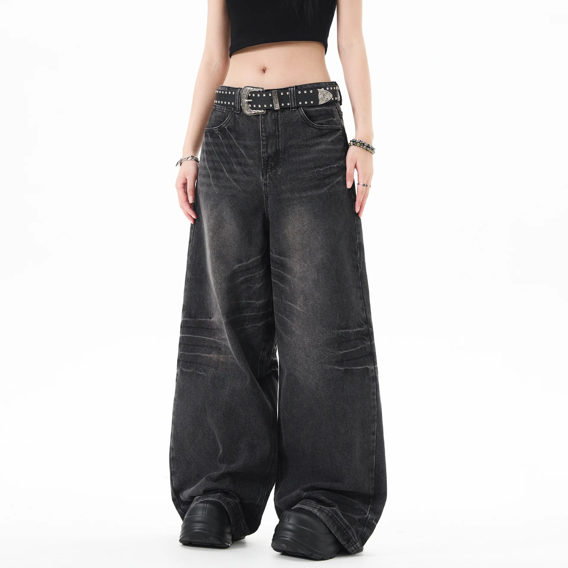 OR FL Women's American Retro Aging Cat Whiskers Wash and Age Staraight Jeans Trendy Brand Baggy Wide Leg Big News Pants Y2k