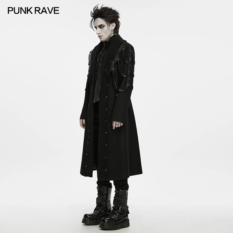 PUNK RAVE Men's Punk Thick Fleece & Embossed Twill Fabric Chain Jacket Winter Warm Party Club Subculture Fashion Style Long Coat