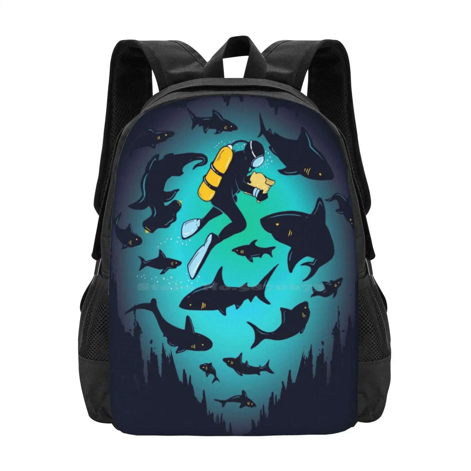 Screwed | Funny Shark And Diver Illustration Pattern Design Bag Student'S Backpack Scuba Diver Shark Underwater Ocean Deep Sea