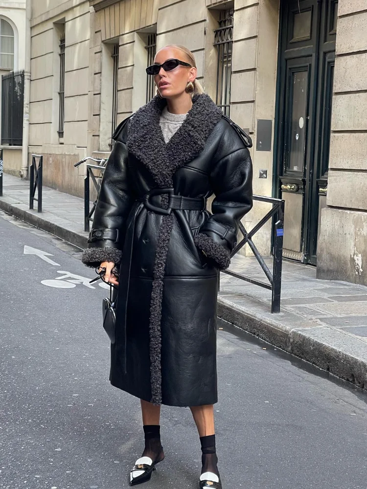 Abrigos de cuero empalmados de piel de manga larga de lujo para mujer, chaqueta gruesa cálida de gran tamaño con solapa a la moda, prendas de vestir