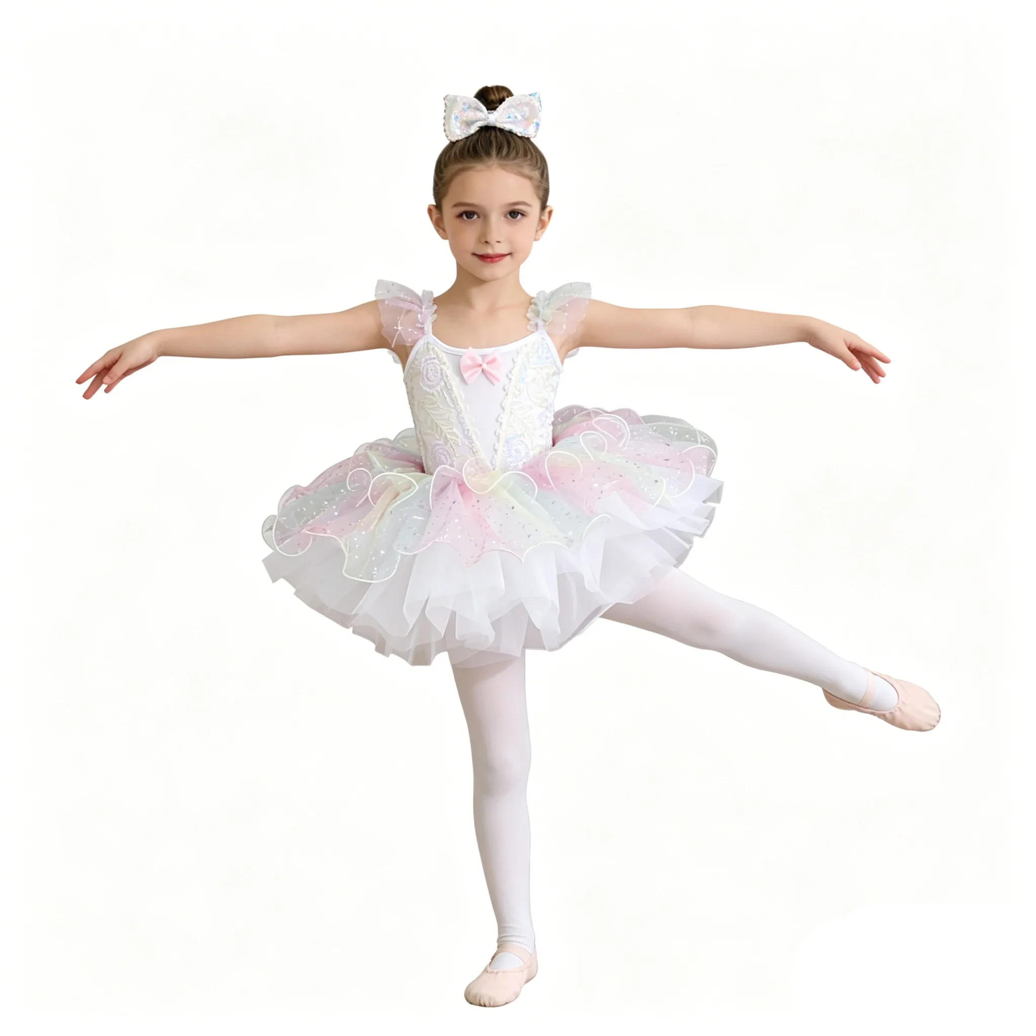 キッズガールズバレエ白鳥の湖体操ダンスチュチュフリルスリーブスパンコールレイヤードチュールドレスヘッドウェア付きバレリーナダンスウェア