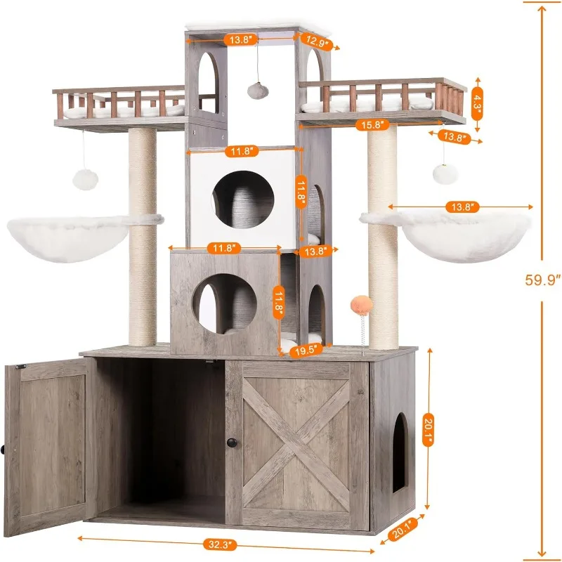 Cat Tree Tower with Litter Box Enclosure, for Large Cats 20 lbs Heavy Duty, Modern Cat Condo Furniture with Scratching Posts