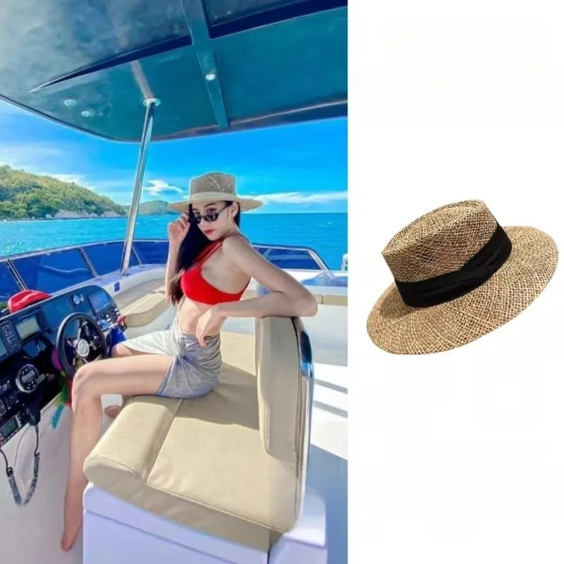 100% natürliche Gras Stroh Hut Frauen 2025 Neue Sommer Sonnenschutz Strand Sonnenhut Breiter Krempe Panama Chapeau Sonnenhut Reise Jazz kappen
