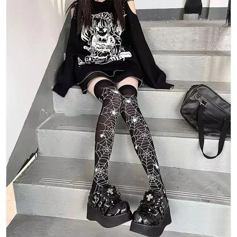 Subculture Klasik Lolita hitam Goth lucu stoking Halloween gadis Gothic Punk Retro laba-laba Web tengkorak kelelawar paha tinggi kaus kaki panjang