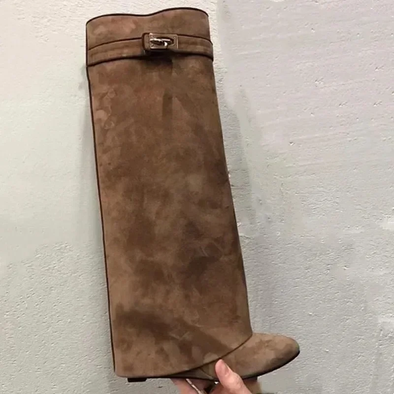 

European and American Metal Buckle Straight Tube Slope Heel Suede Knee High Boots, Women's Temperament Retro Knight Boots