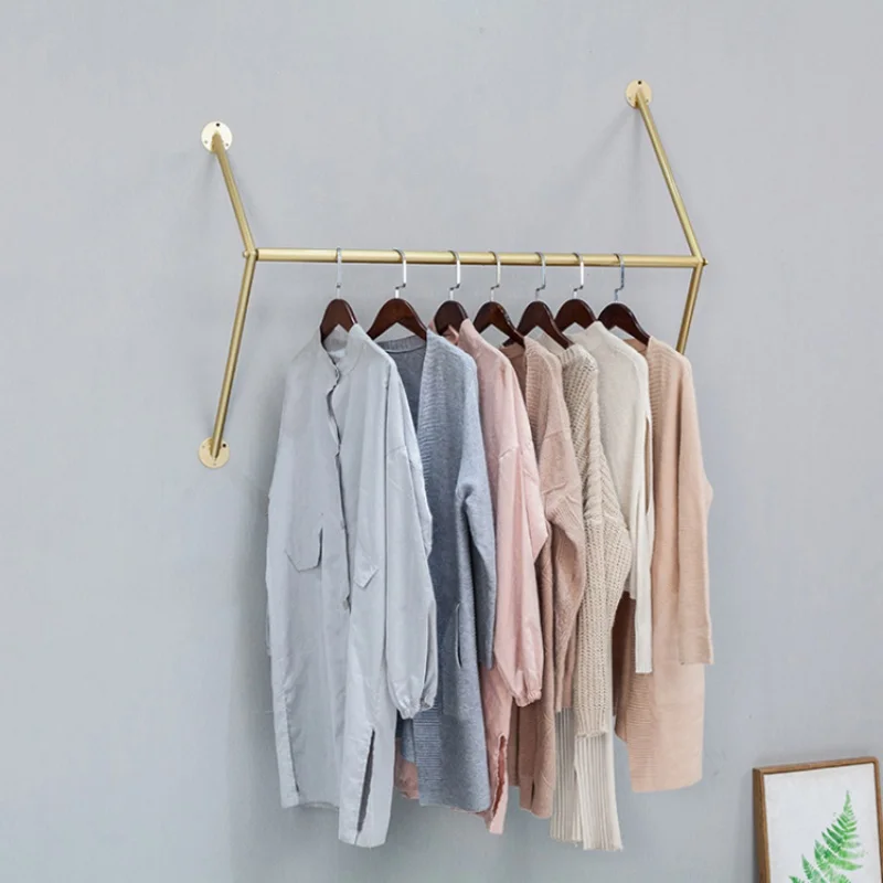 Custom, Fashion Gold Garment Metal Wall Mounted Hanging Rail Display Rack Retail Clothing Shop Fittings Interior Design